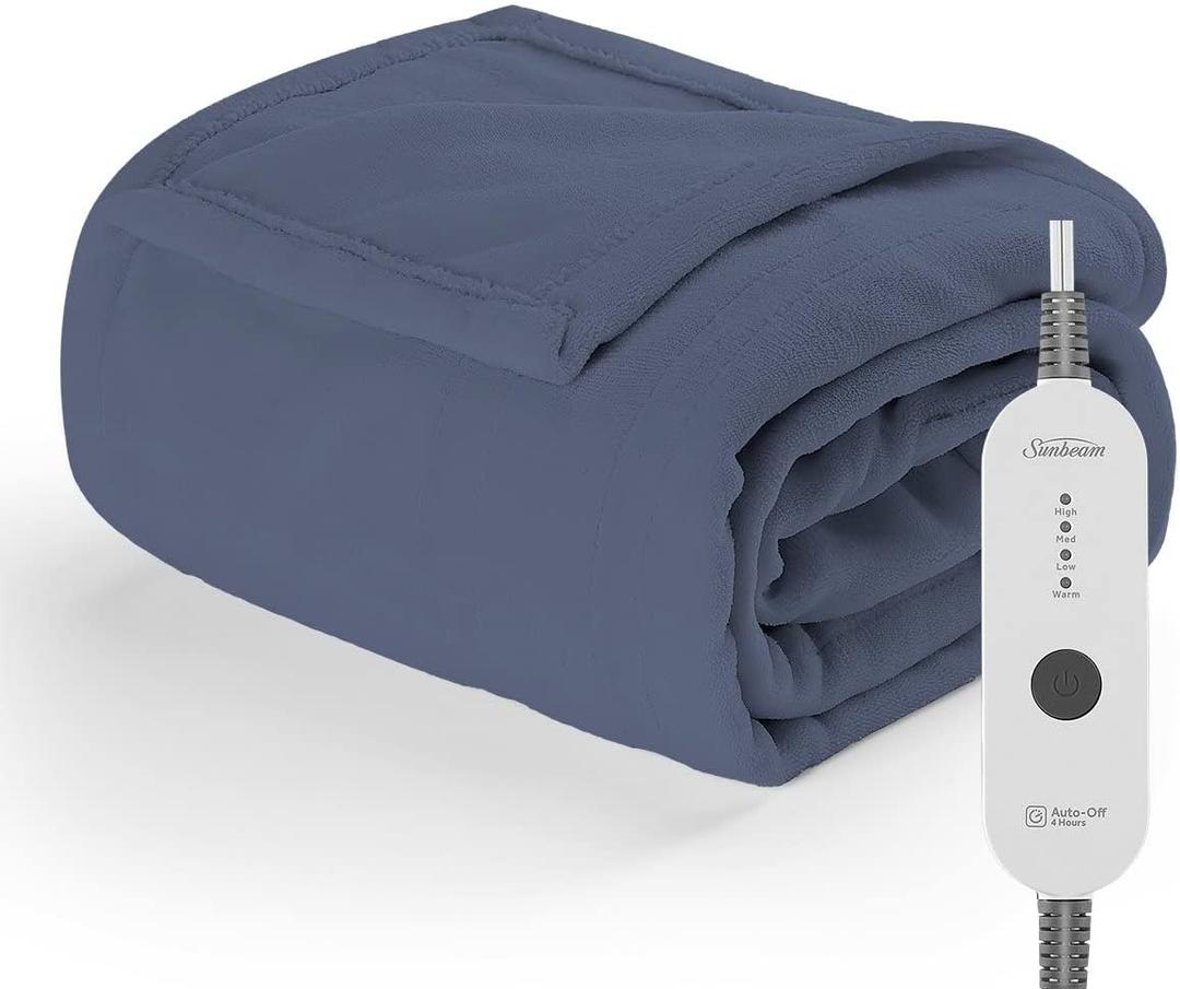 Sunbeam Electric Heated Throw Blanket Nordic Premium Plush with 4 Heat Settings Controller, Auto Shut-Off, Machine Washable UL Certified 50" x 70" (Blue)