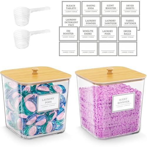 HomePekite 2 Pack Laundry Pods Container,Laundry Room Organization and Storage Containers with Wooden Lids & Labels Large Laundry Detergent Container for Powder,Scent Booster,Pods,Dryer Ball