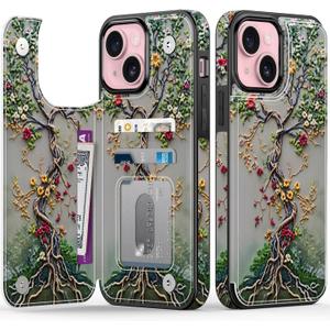 FUNMIKO for iPhone 15 Wallet Case with Card Holder + Cash Clip, RFID-Blocking, Military-Grade Drop Protection & UV-Printed Artwork, Magnetic Closure with Leather Kickstand - Blooming Tree of Life