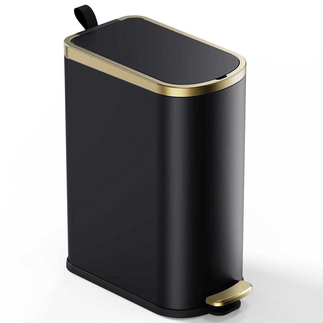 CEROELDA Slim Bathroom Trash Can with Lid Soft Close, 10 Liter/2.6 Gallon Stainless Steel Small Garbage Can, Step Pedal, Slim Metal Wastebasket for Toilet, Office, Bedroom (D-Black)