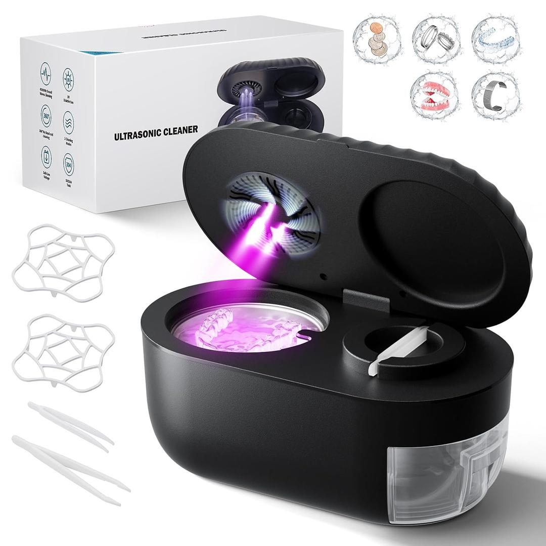 Ultrasonic Retainer Cleaner with Cleaning, Pumping, and Air-Drying Functions, 45kHz Retainer Cleaner Machine, 200ml Denture Cleaner for Dentures, Mouth Guards, Braces, Toothbrush Heads, Jewelry (Black)