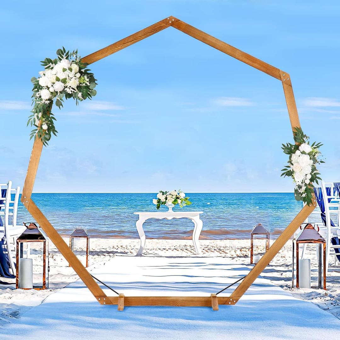 Heptagonal Wooden/Wood Arch 7.2FT for Wedding Ceremony, Arbor Backdrop Stand for Garden Parties, Indoor, Outdoor, Autumn Theme, Rustic Decorations