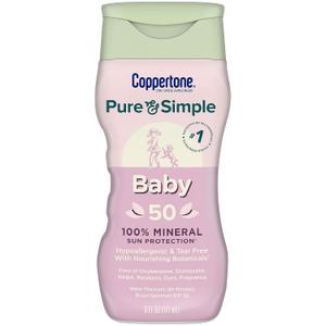 Coppertone Pure and Simple Baby Sunscreen Lotion SPF 50, Broad Spectrum Sunscreen for Baby, 6 Fl Oz Bottle