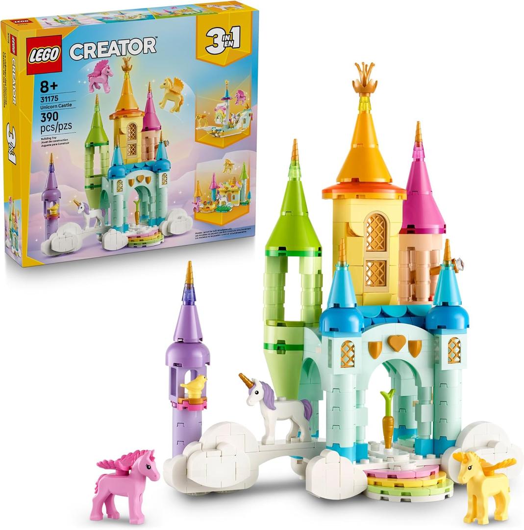 LEGO Creator 3 in 1 Unicorn Castle Building Toy for Kids - Unicorn Toy Trio for Girls & Boys, Ages 8+ - Build 3 Pretend Play Toys with 1 Set of Building Blocks - Gift Idea for Birthdays 