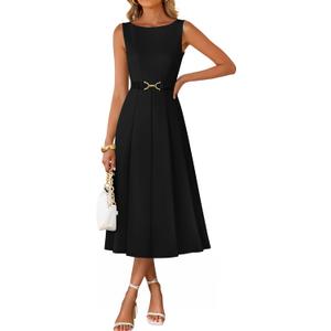 ZESICA Women Summer Sleeveless Midi Dresses 2026 Elegant Boat Neck A Line Tie Waist Spring Cocktail Party Dress (Black, L)