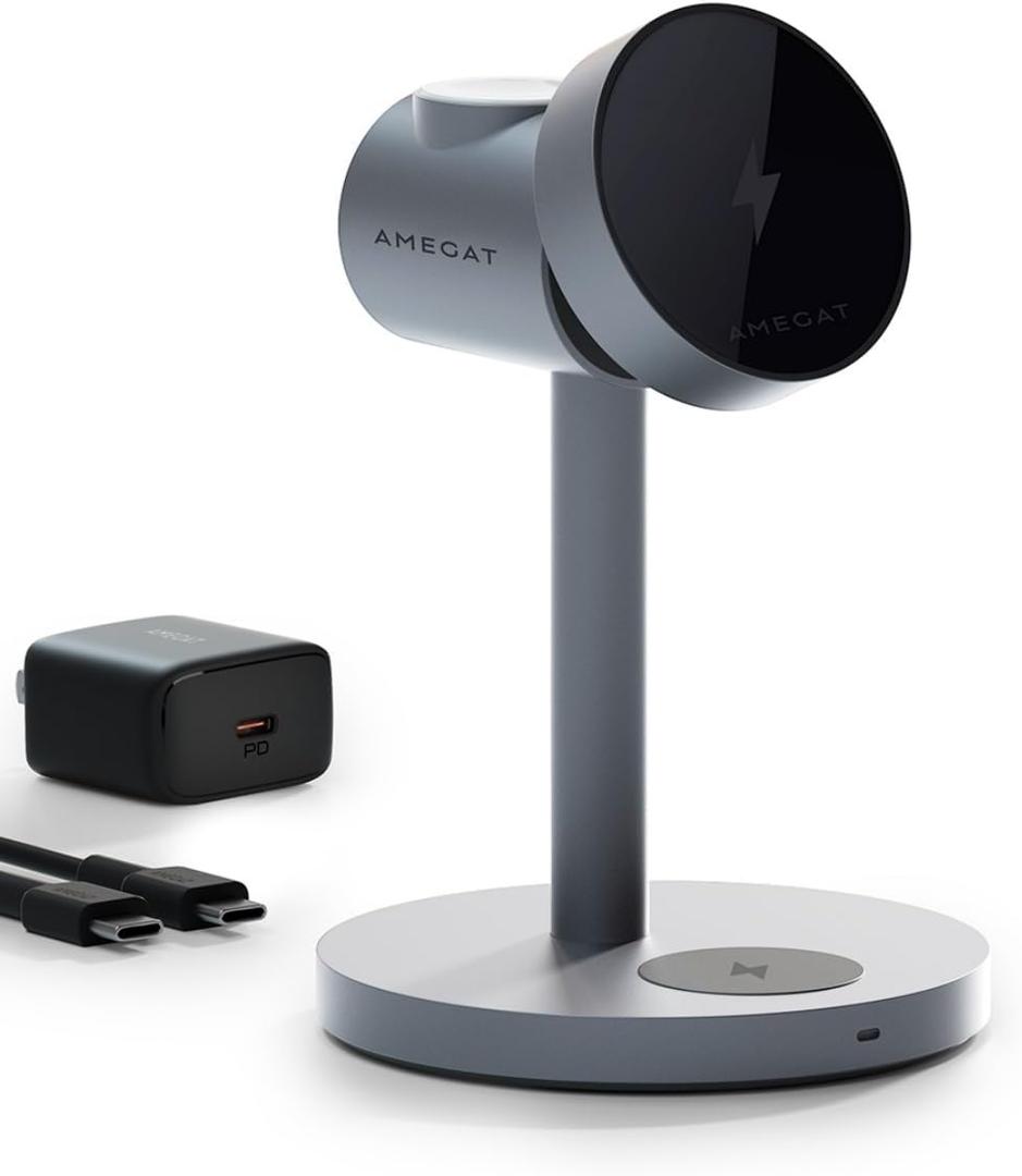 MagFusion 3-in-1 Charging Station Compatible with MagSafe, Qi2 Certified 15W Magnetic Wireless Charger Stand, for iPhone 17/16/15/14/13/12 Series, Apple Watch, AirPods(30W PD Charger Included) (Grey)