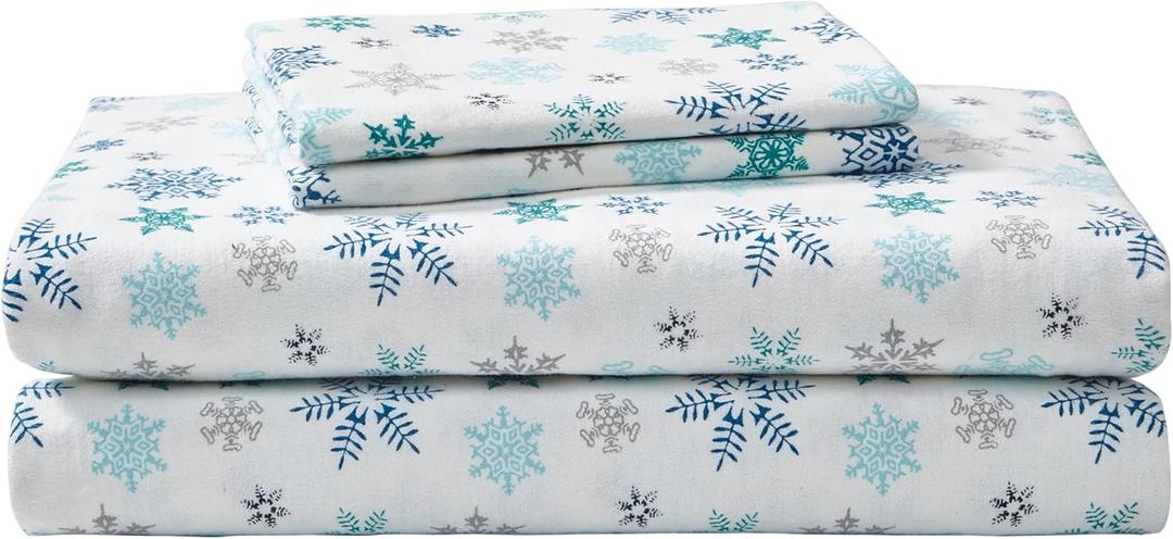 Eddie Bauer - Flannel Sheets Twin Size, Anti-Pilling & Wrinkle Resistant Cotton, Touchably Soft for All-Season Comfort - Bed Sheets with Matching Pillowcase & Fitted Sheet (Tossed Snowflake Blue)