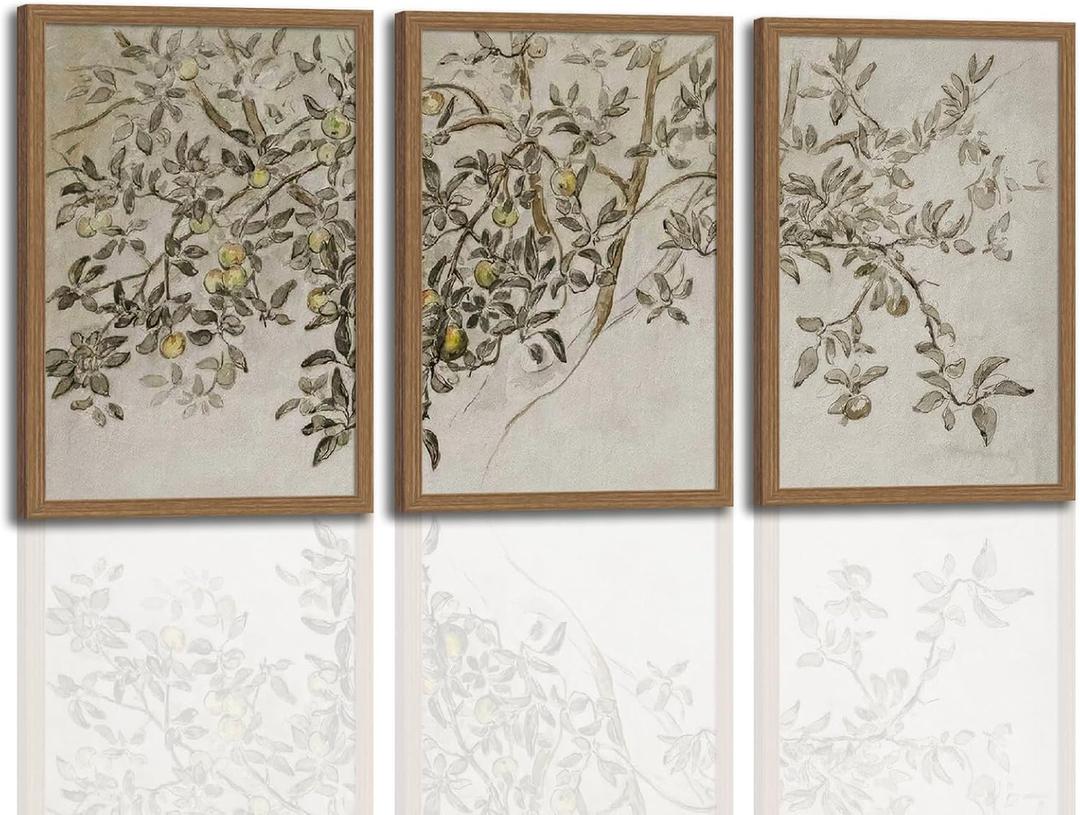 Vintage Apple Tree Canvas Wall Art Set of 3 Rustic Botanical Poster Prints with Wooden Frame Neutral Tree Branch Picture Painting Country Farmhouse Wall Decor for Living Room Bedroom Kitchen16x24Inches