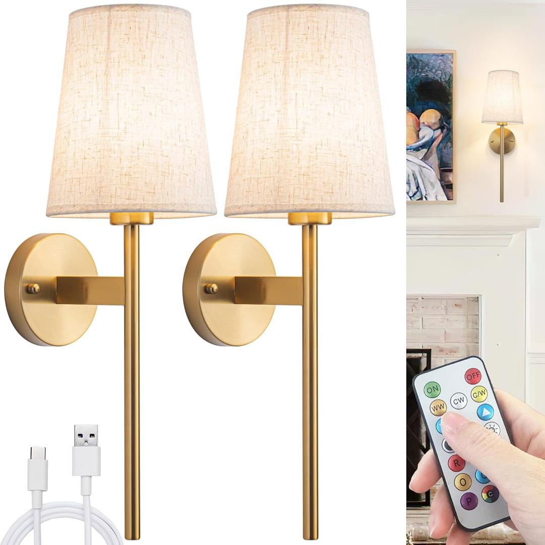 Battery Operated Wall Sconces Set of 2, Wireless Wall Sconce with Remote, Battery Operated Wall Lights Fabric Shade, 50 Hours Long Life Rechargeable Blub RGB Dimmable,Perfect Indoor Lighting (Brass)