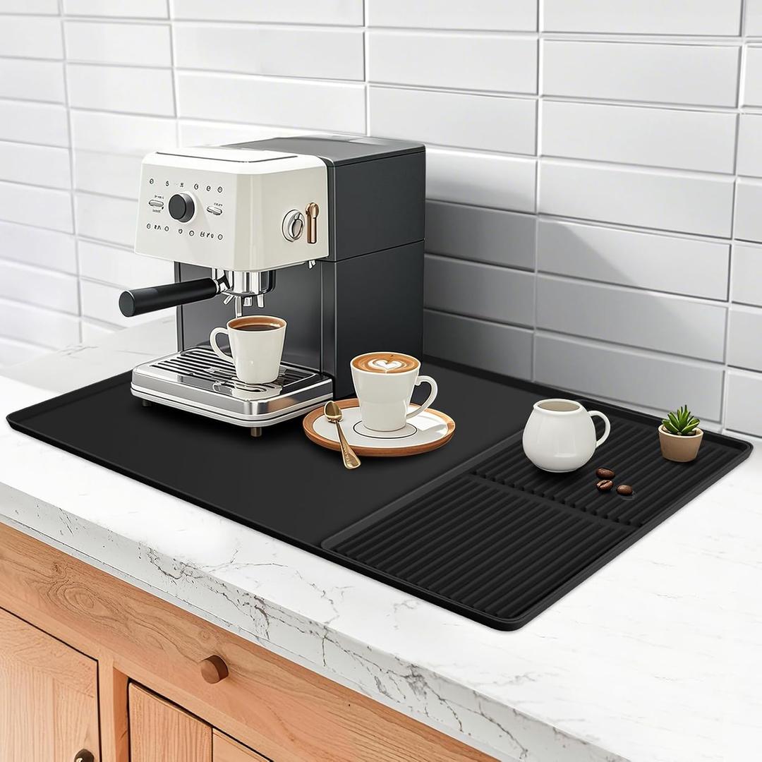 Wesketch Silicone Coffee Mat, 24''x16'' Coffee Maker Mat with Removable Dish Drying Mat for Countertops, Coffee Bar Accessories Fit Under Coffee Maker, ice Makers, Espresso Machine-Black