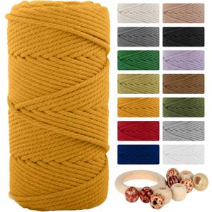 Macrame Cotton Cord 5mmx109 Yard 4 Strand, Munzong Natural Handmade 4 Twisted Cotton Rope for Wall Hanging Weaving Tapestry DIY Craft Knitting Plant Hanger Gift Wrapping Wedding Decor(100m, Golden)