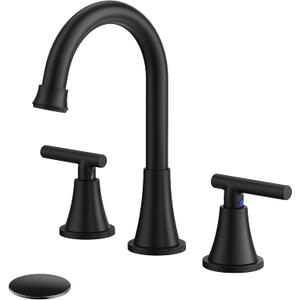 Bathroom Faucets for Sink 3 Hole, Hurran Matte Black Bathroom Sink Faucet with Pop-up Drain and Supply Lines, Stainless Steel Lead-Free Widespread Faucet for Vanity RV Farmhouse Sink (8 Inch)