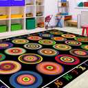 HUAHOO Small Classroom Rug Black Elementary Preschool Learning Carpet Seating Rug for Kids Room with Non-Slip Backing, 5' x 7'6", Rainbow Circles Black