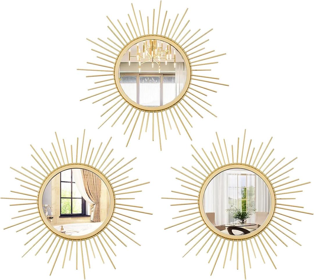 Cityelf 3 Set Gold Sunburst Mirrors for Wall Decorative Metal Mirrors Small Mirror Sets Decor Hanging Mirror Wall Sculpture for Bedroom Living Room Entryway (12 inch)