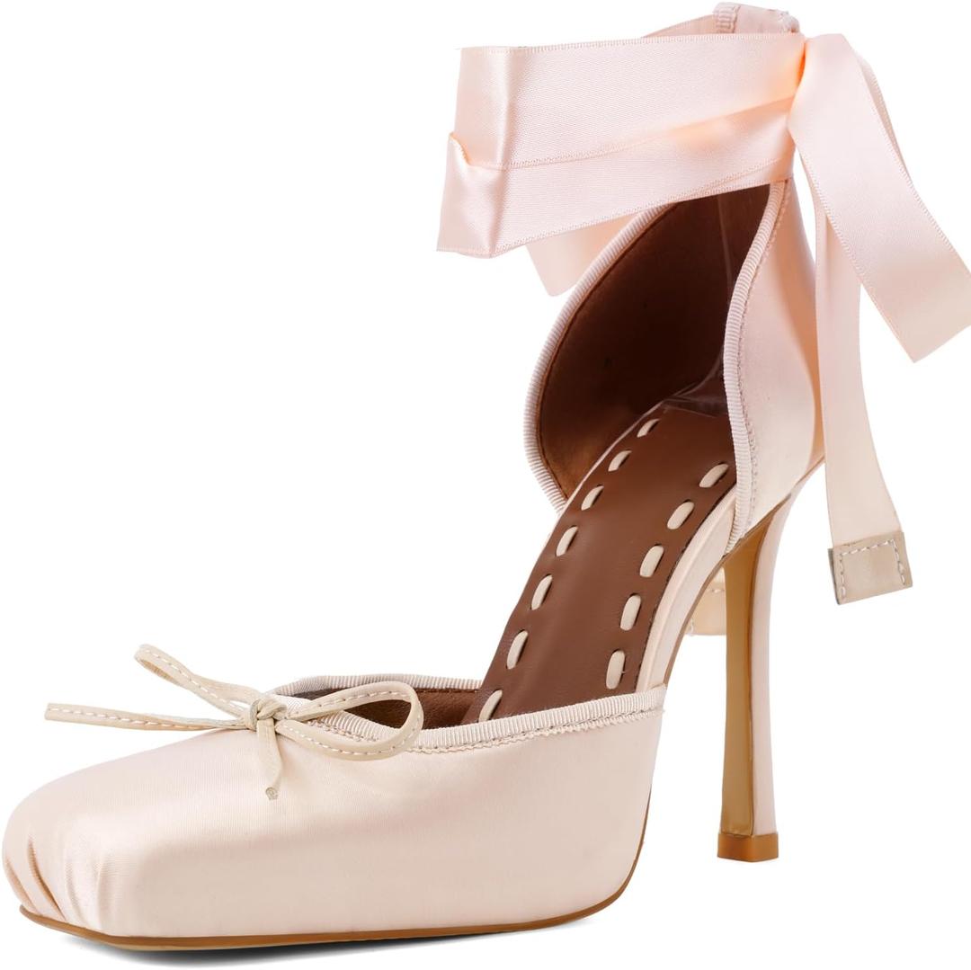 JilTrdWei Women's Ballet Heels, Satin Ballerina High Heels with Ribbon Lace-Up, Square Toe Mary Jane Stiletto Heels for Party, Wedding & Formal Dress-Cha-7.5 Champagne