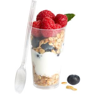 Ilyapa 3oz Plastic Dessert Cups - 50 Pack Mini Dessert Cups with Spoons - Clear Reusable Small Appetizer Cup for Cheesecake Shooters, Chocolate Mousse, Parfait - Party and Catering Supplies - Round