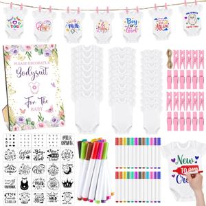 126 Pcs Baby Shower DIY Bodysuit Set Rustic Kraft Baby Shower Game Sign DIY Bibs 25 Blank White Newborn Bodysuit 25 Fabric Marker 24 Markers 1 Sign and Stencils for Gender Reveal(Butterfly)