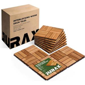 Premium Deck Tiles, 10 PCS 12"×12" Acacia Wood Interlocking Patio Tiles, Snap Together Outdoor Waterproof Flooring for Balcony, Patio, Backyard (Square Joint, Golden Teak)