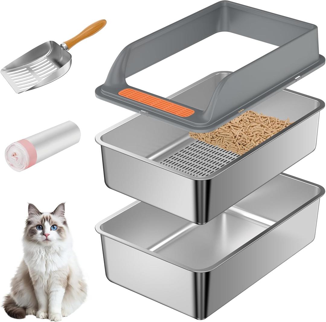 Stainless Steel Sifting Litter Box with Lid, Large Sifting Cat Litter Box for Pine Pellets & Big Cats,Metal Pellet Sifter Litter Pan System for Odor Control,Sifting Box Liners & Scoop (L:19.7''13.8''10'')