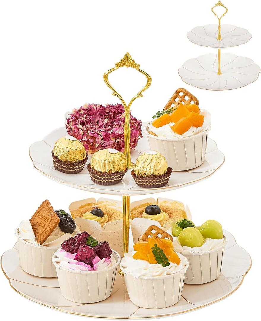 DUJUST Luxury Porcelain 2-Tier Cupcake Stand Tower, British Style Serving Tray with Golden Trim, Food Grade Dessert Display Stand, Beautiful Gift for Tea Party & Home Décor