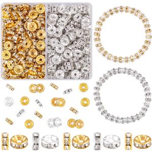 TINKRSTUFF 200 pcs 8mm Spacer Beads for Crafting, Silver and Gold Rondelle Bead Bulk, Fancy Sparkle Crystal Rhinestone Spacer Beads for Necklace Bracelet Earring Jewelry Making and Pens DIY