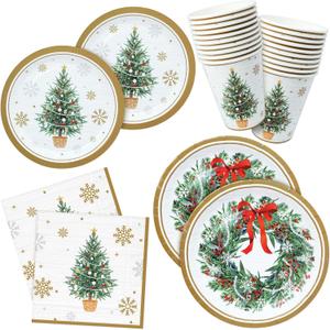 ZVK 96 Christmas Party Paper Plates Napkins Cups Set Disposable Dinnerware Tableware for Holiday Serve 24