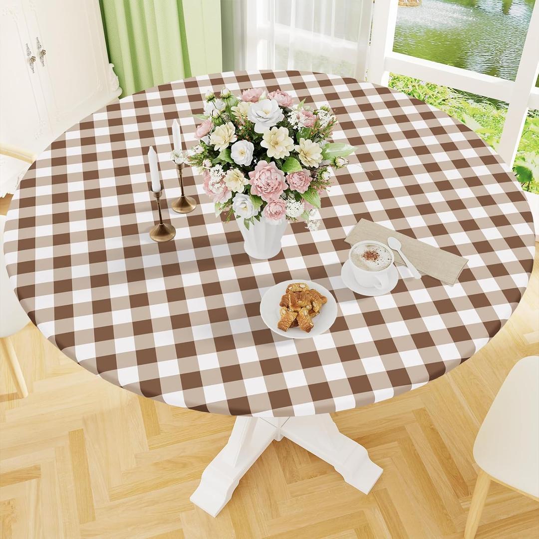 Smiry Round Picnic Tablecloth, Elastic Waterproof Fitted Vinyl Tablecloths for 57"-68" Tables, Flannel Backed Buffalo Plaid Table Cover for Dining, Camping, Outdoor, White and Brown