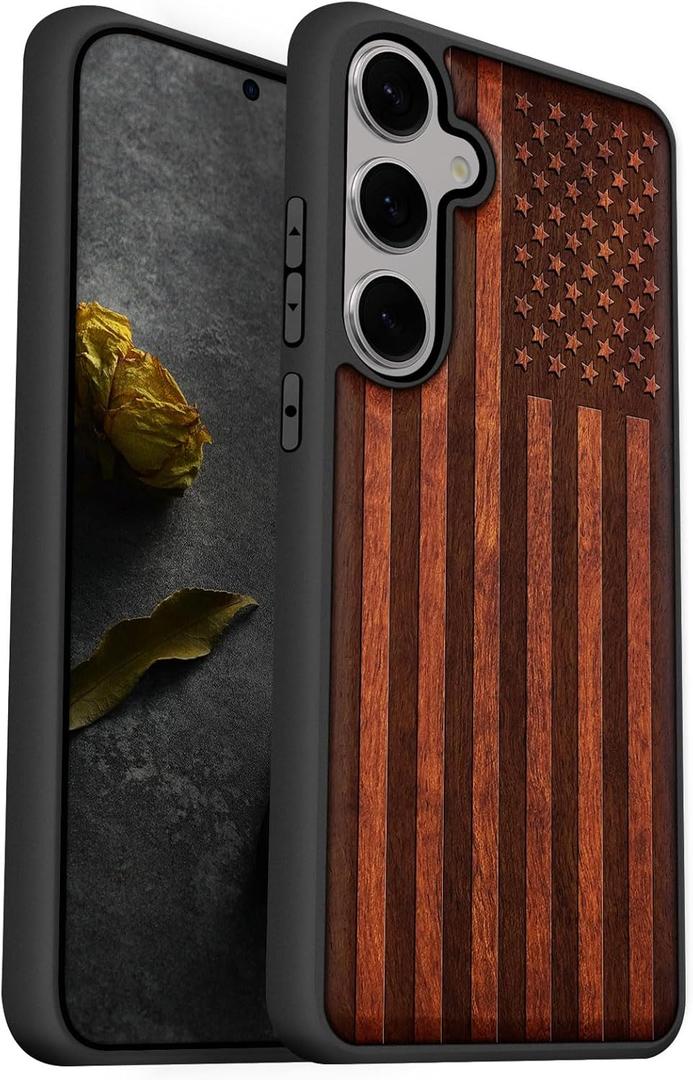 Carveit Wood Case for Galaxy S25 Case 2025 [Natural Wood & Black Soft TPU] Shockproof Protective Cover Unique Wooden Design Compatible with Samsung S25 (American Flag-Rosy)