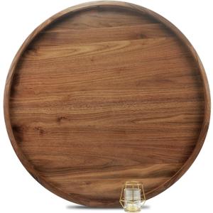 MAGIGO 30 Inches Extra Large Round Black Walnut Wood Ottoman Tray with Handles, Serve Tea, Coffee, Classic Circular Wooden Decorative Serving Tray