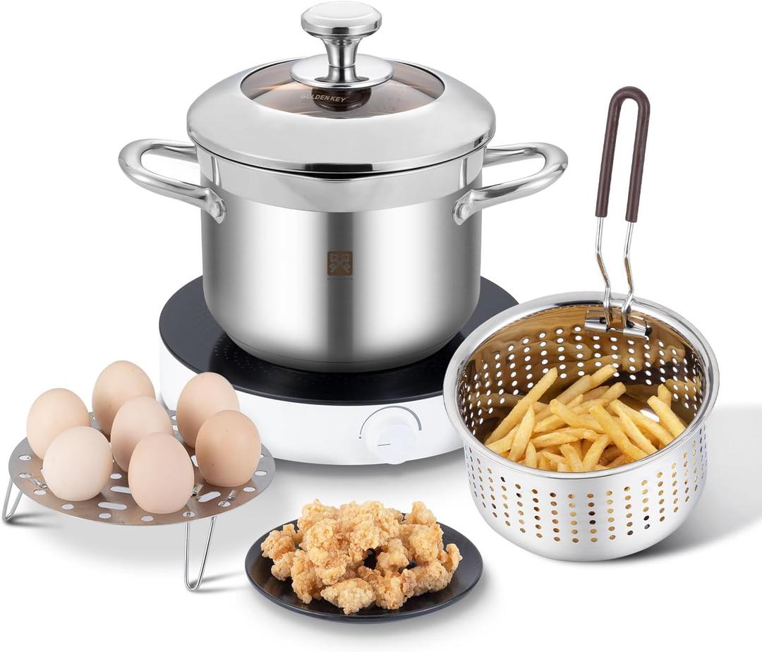 GOLDEN KEY Deep Fryer Pot with Basket and Lid,4.0L/4.2QT 304 Stainless Steel Standard Capacity Multi-function Cooking Pot with Strainer Basket for Kitchen Camping