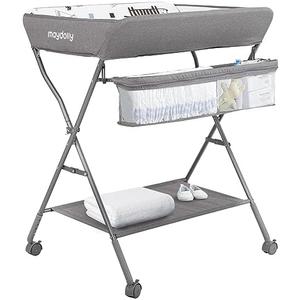 Baby Changing Table with Wheels, Maydolly Portable Adjustable Height Folding Diaper Station with Nursery Organizer & Storage Rack for Newborn Baby and Infant (Light Grey)