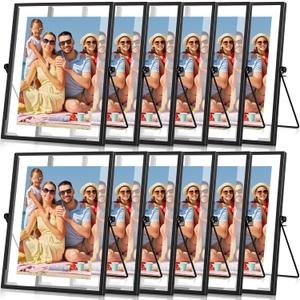 Hoteam 12 Pack 5 x 7 Inch Floating Frame Glass Photo Frame Collection Vintage Metal Minimal Ornate Easel for Pictures Photos Desk Tabletop Display (Black)