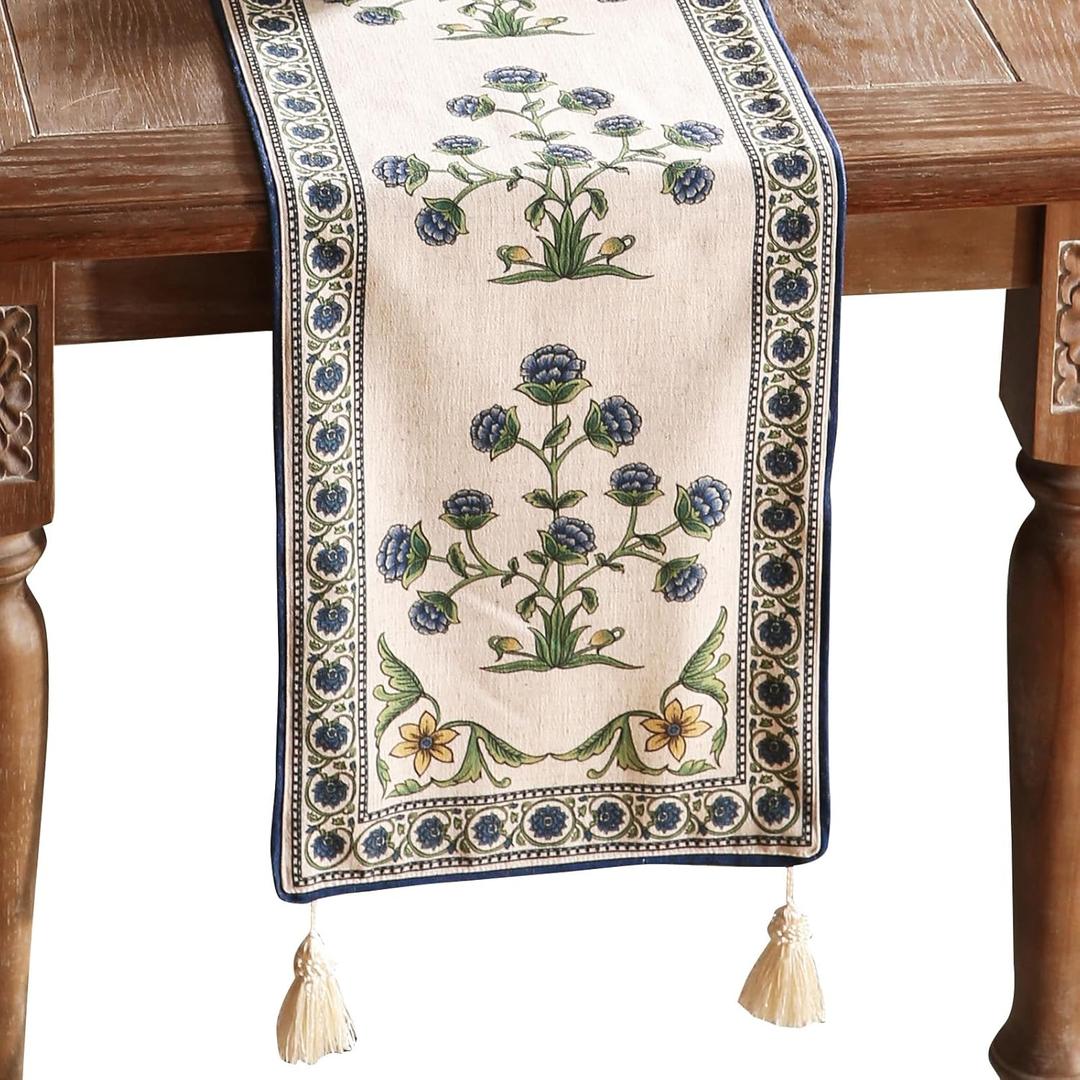 patdrea Designer Blue Rustic Elegant Floral Patterned Linen Table Runner 71 Inch Long,Wrinkle Resistant Table Mat,Decoration for Kitchen Dining and Coffee Tables Banquet Christmas , 12"x71"