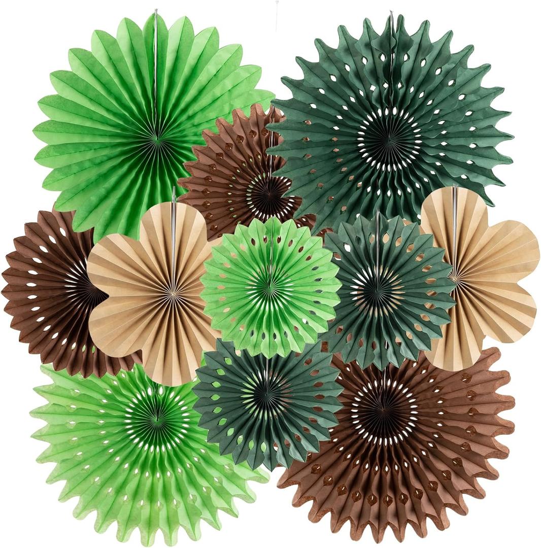 11 Pcs Hanging Paper Fans Decoration Green and Brown Paper Flowers Deco Tropical Jungle Birthday Party Decorations for Summer Safari Carnival Party Supplies