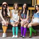 Suhine 12 Pcs Halloween Crayon Socks Bulk Funny Rainbow Thigh High Socks Crayon Group Family Costumes Colorful Striped High Neon Stockings for Adults Women Men