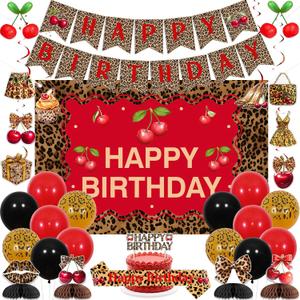Cheetah Cherry Birthday Decorations, Leopard Happy Birthday Backdrop Banner Cake Topper Sash Honeycomb Centerpieces Hanging Swirls Balloons, Jungle Safari Party Supplies for Women