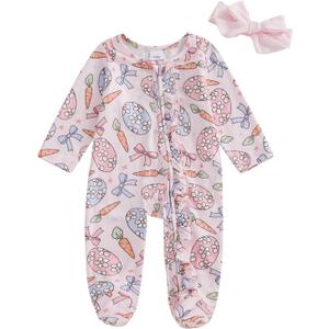 My First Easter Baby Girl Newborn Carrot Eggs Footie Romper Infant One Piece Jumpsuit Coming Home Outfits Clothes (A Carrot Eggs Pink, Newborn)
