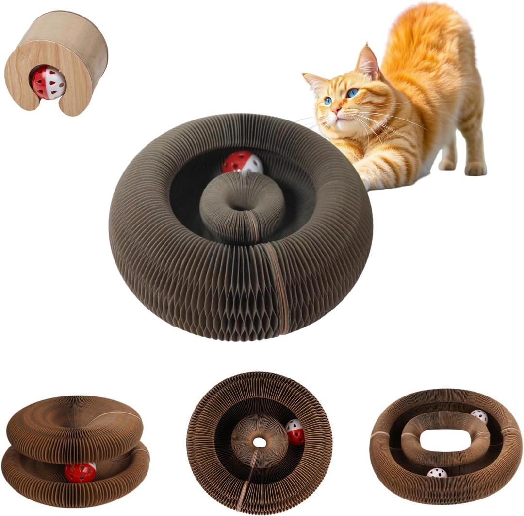 Magic Organ Cat Scratching Board with Bell-Ball, Durable Foldable & Reversible Infinity Style Interactive Kitty Kurlz Cat Scratcher for Indoor Cats Toy, Furniture Protector, Kitten Cats Accordion Toy