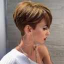 Creamily Short Brown Human Hair Pixie Cut Wigs for Women Hair Replacement Wigs with Bangs Mixed Blonde Highlights Human Hair Short Wig for Women Natural Wig