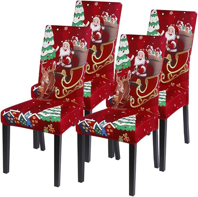 SearchI Christmas Dining Chair Covers Set of 4, Stretch Printed Kitchen Chair Cover Washable Spandex Xmas Parsons Chair Protector Slipcovers for Christmas Decoration, Holiday Party(Santa+Deer, 36x16")