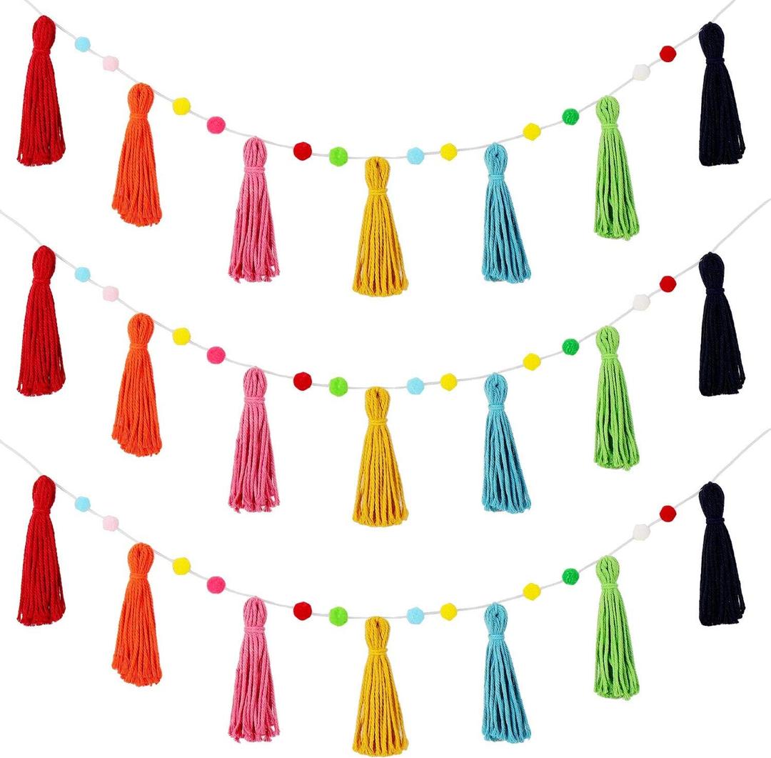 Syhood 3 Pcs Colorful Pom Pom Tassel Garland Classroom Each 50'' Boho Rainbow Felt Garlands Tassel Banner Birthday Baby Shower Boho Decoration for Nursery Wall Bedroom Home Decor(Rich Colors)