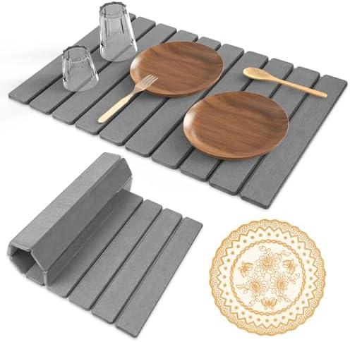Hoborato Stone Dish Drying Mat,24"(L)×16"(W) - Fast-Drying, Collapsible Kitchen Counter Mat for Dishes, Cups & Bottles with Sanding Tool + Placemat, Dark gray