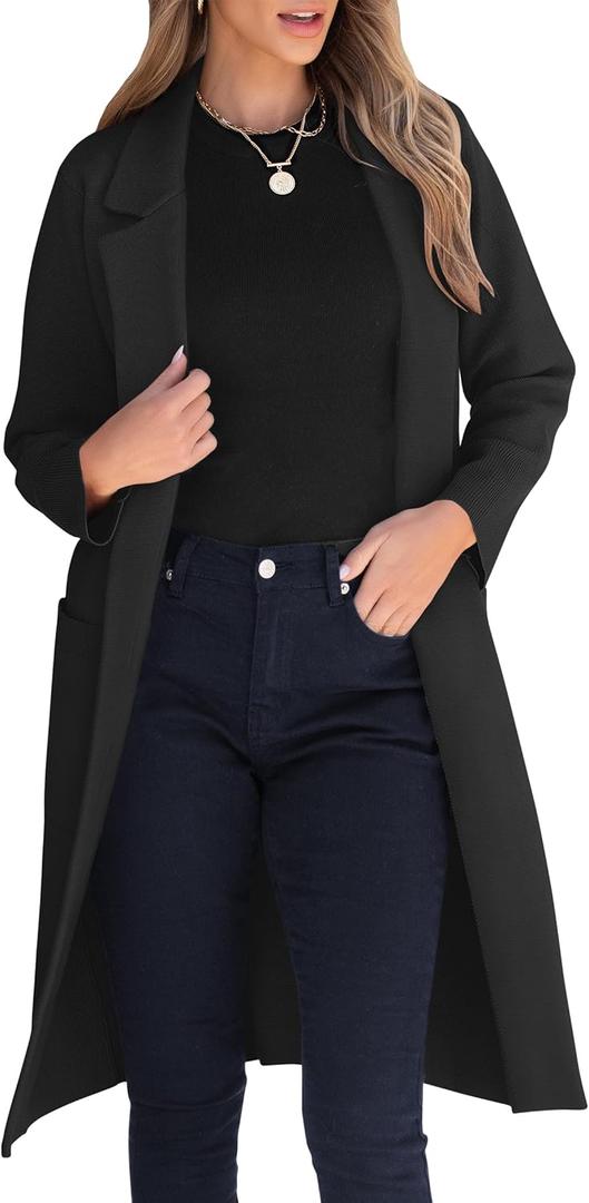 ANRABESS Womens Cardigan Sweater 2025 Fall Outfits Knitted Lapel Long Coats Coatigans (Small, Black)