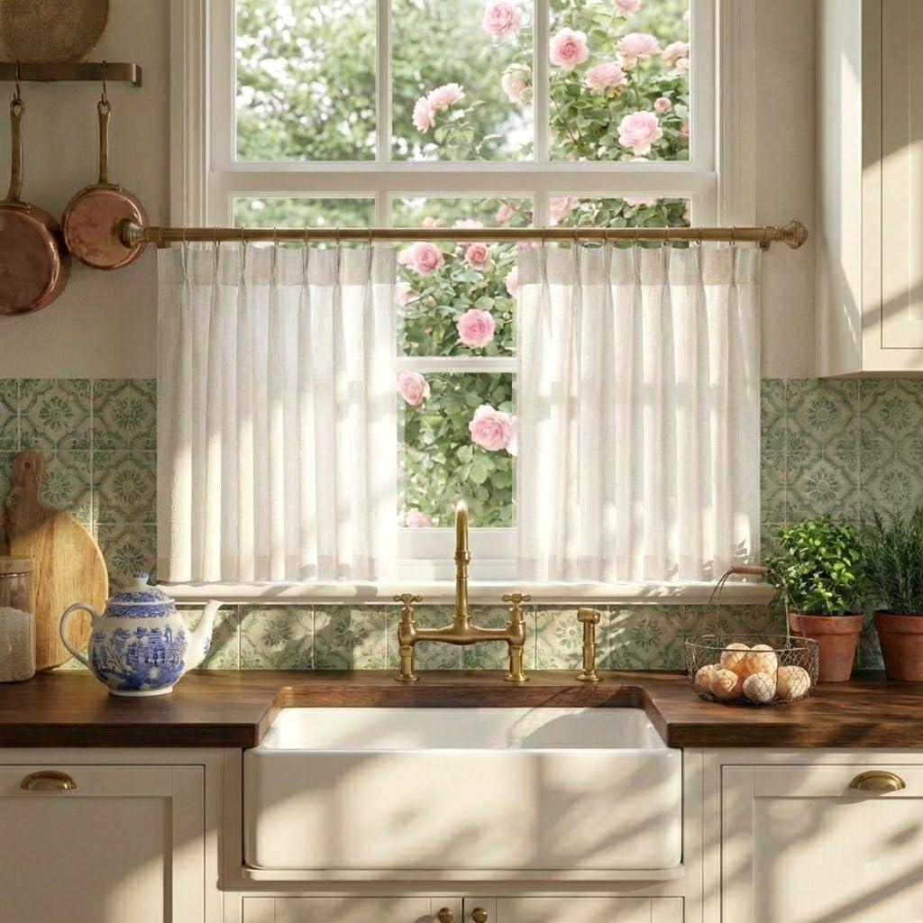 NICETOWN Pinch Pleated Linen Kitchen Curtains 24 Inches Long, 2 Panels Set Natural French Rustic Light Filtering Short Curtains for Cafe Bar Living Room Bedroom Window, 40" W x 24" L