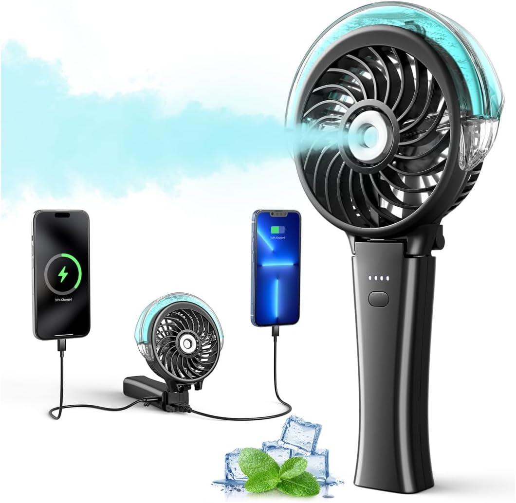 6000mAh Portable Handheld Misting Fan as Backup Power, 50ml XL Water Tank, 20H Runtime 3 Speeds, 180 Foldable Rechargeable Mist Fan for Travel, Outdoors, Makeup - Black