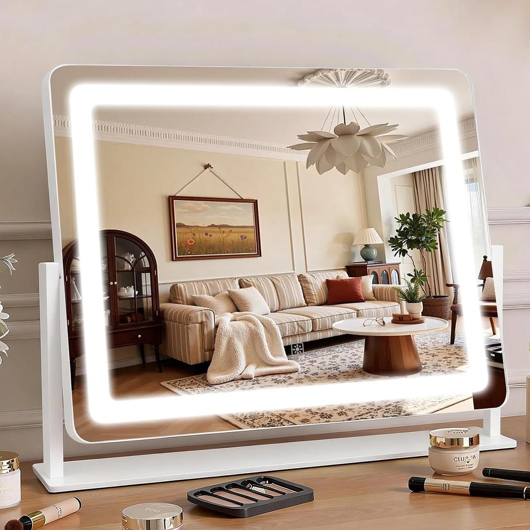 Vanity Mirror with Lights 22"x17", Large LED Makeup Mirror with Light, Smart Touch with 3-Color Lighting, Dimmable, 360 Rotation, HD Desk Mirror, Vanity Mirror Tabletop (White)