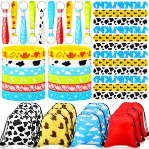 Ecally 60 Pcs Cartoon Party Favors Include 12 Cartoon Themed Silicone Stretch Wristbands 12 Silicone Key Chains 12 Drawstring Bags 24 Slap Bracelets for Birthday Party Decor