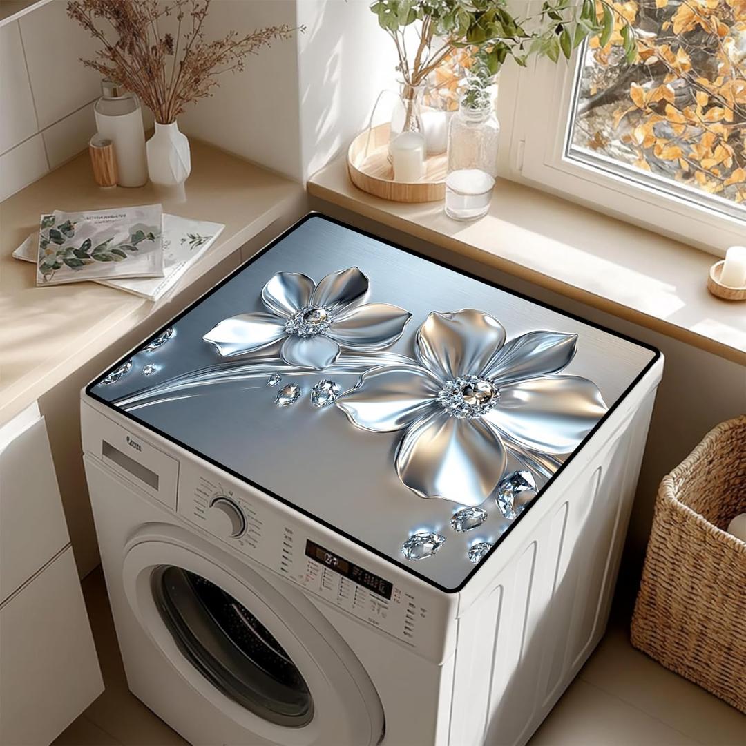 Non-Slip Washer & Dryer Top Cover Mat  Dust-Proof Protector Pad with Multiple Pattern Designs for Laundry Room & Kitchen Decor, Universal 23.6"x19.7" (Silver Flower, 23.6"x19.7")