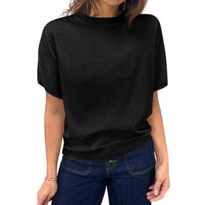 Saodimallsu Womens Short Sleeve Sweater Casual Basic Crew Neck Loose Knit Pullover Tops Summer Lightweight Blouses Black