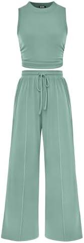BTFBM Summer Outfits For Women 2026 Ribbed Sleeveless Tank Tops Wide Leg Pants 2 Piece Sets Lounge Set Clothing S